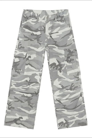 Gray camouflage cargo pants with multiple pockets