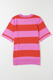 Striped knit tee with short sleeves in hot pink and red, featuring a crew neck.