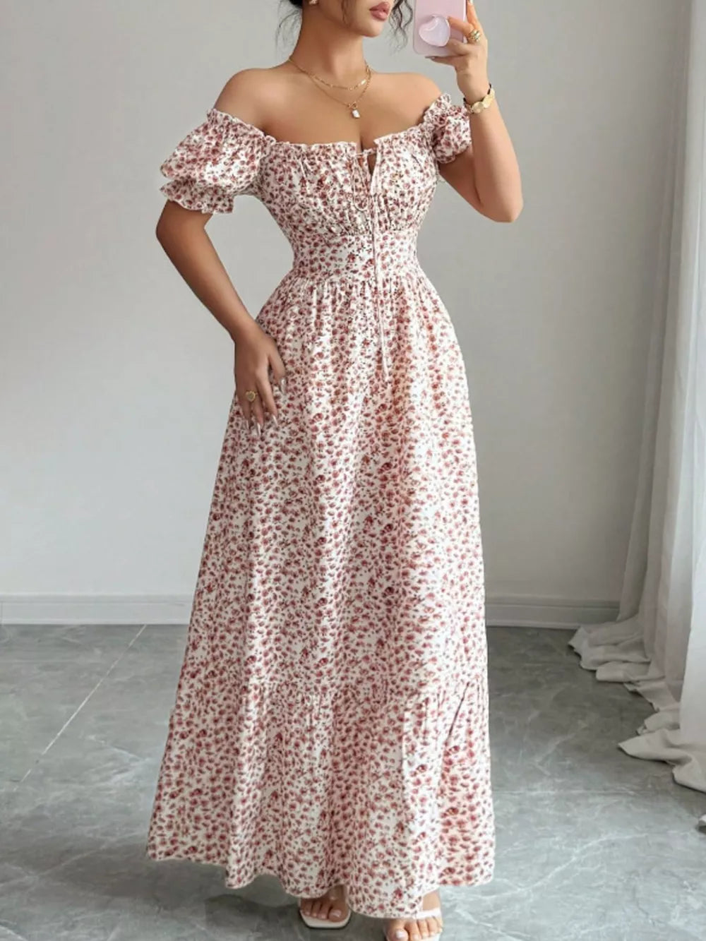Floral Print Puff Sleeve Maxi Dress in Red, side view