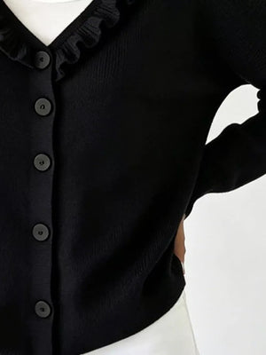 Ruffled Neckline Button-up Cardigan in White, view 21