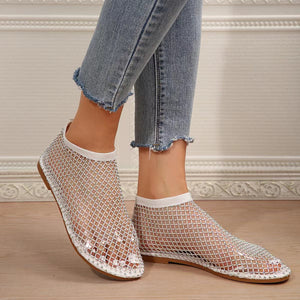 White mesh ankle boots with rhinestones and round toe