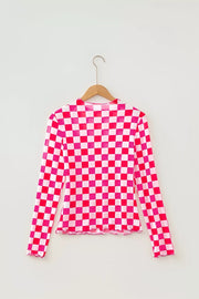 Plaid Heart Mesh Sheer Long Sleeve Top, back view