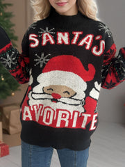 Black acrylic knit sweater with Santa graphic and "Santa's Favorite" text.