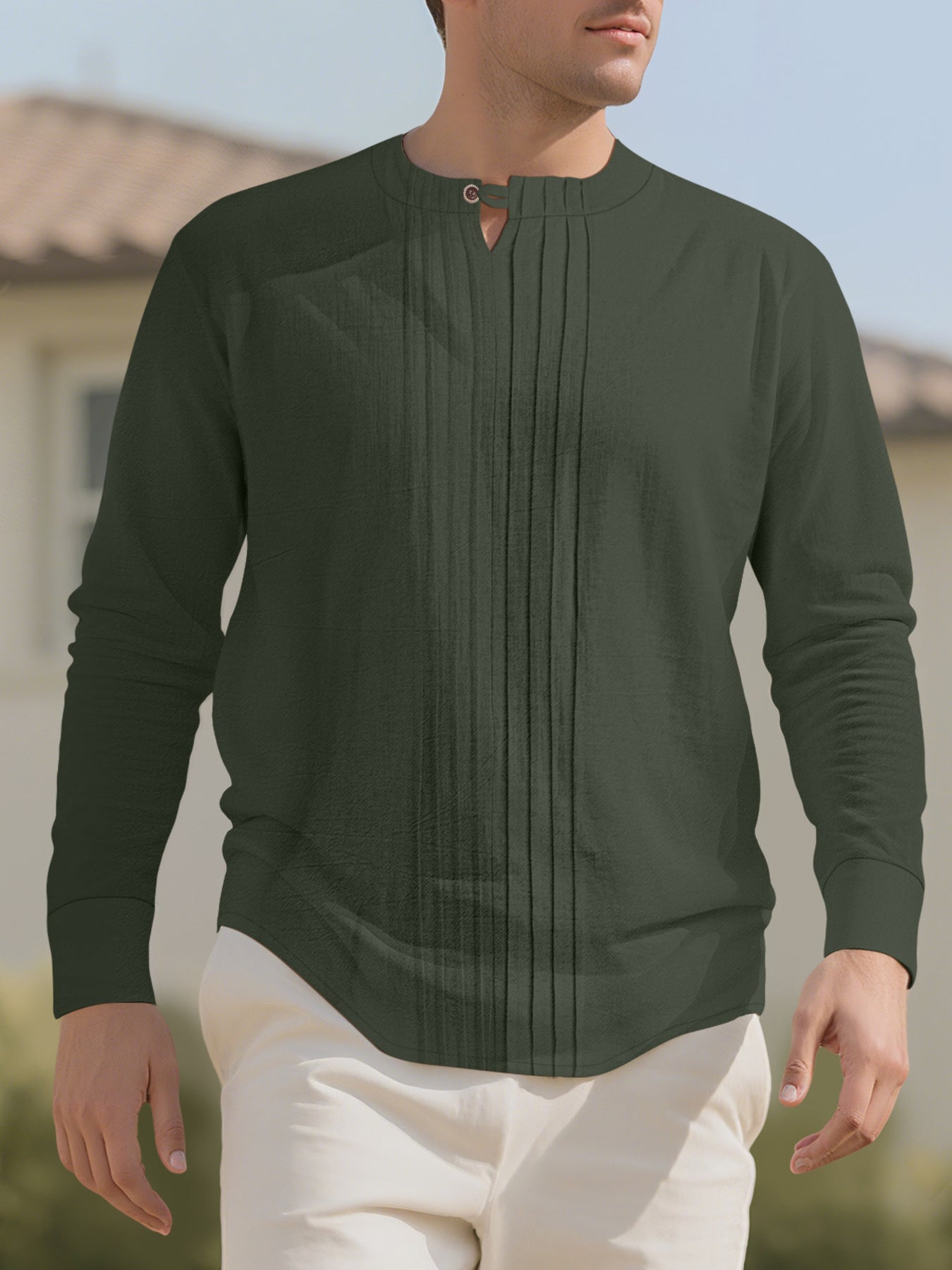 Men's Casual Pleated Long Sleeve Shirt Plus Size, front view