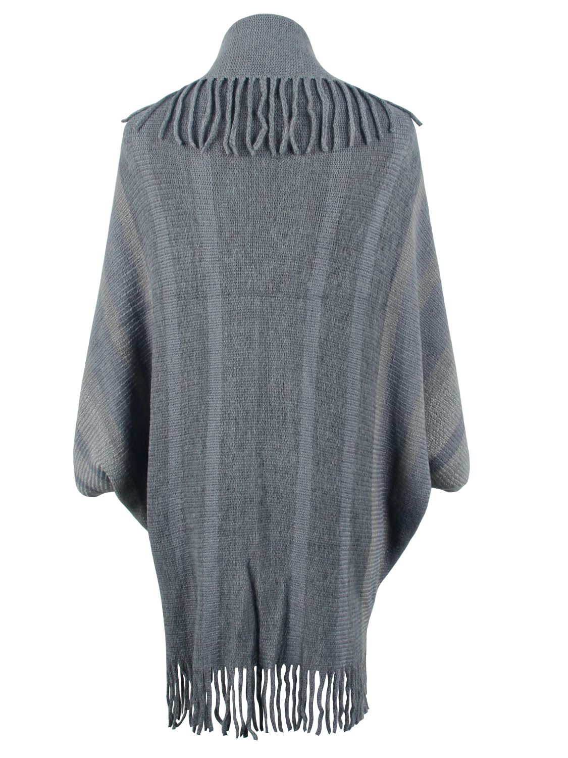 Charcoal knit capelet with fringe detail and striped pattern.