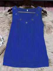 Blue V-neck ruched tank top with eyelet accents and a relaxed fit.