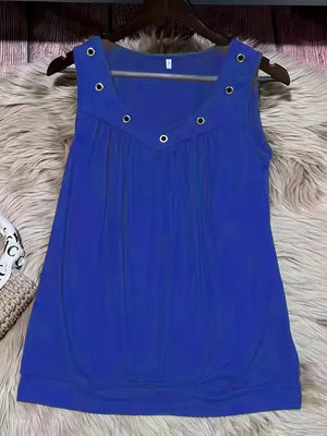Blue V-neck ruched tank top with eyelet accents and a relaxed fit.