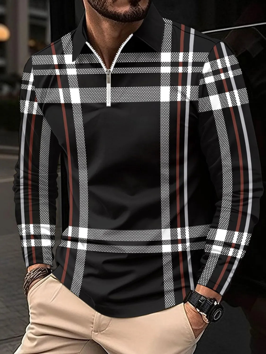 Black graphic plaid zip polo with white and red accents.
