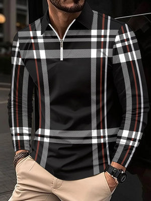 Black graphic plaid zip polo with white and red accents.