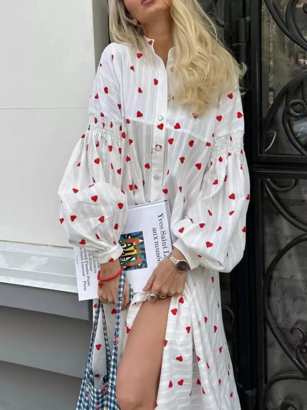 Heart Print Maxi Dress With Puff Sleeves in White, front view