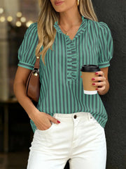 Ruffled puff sleeve blouse in light green and dark green stripes with button-down front and ruffled collar.