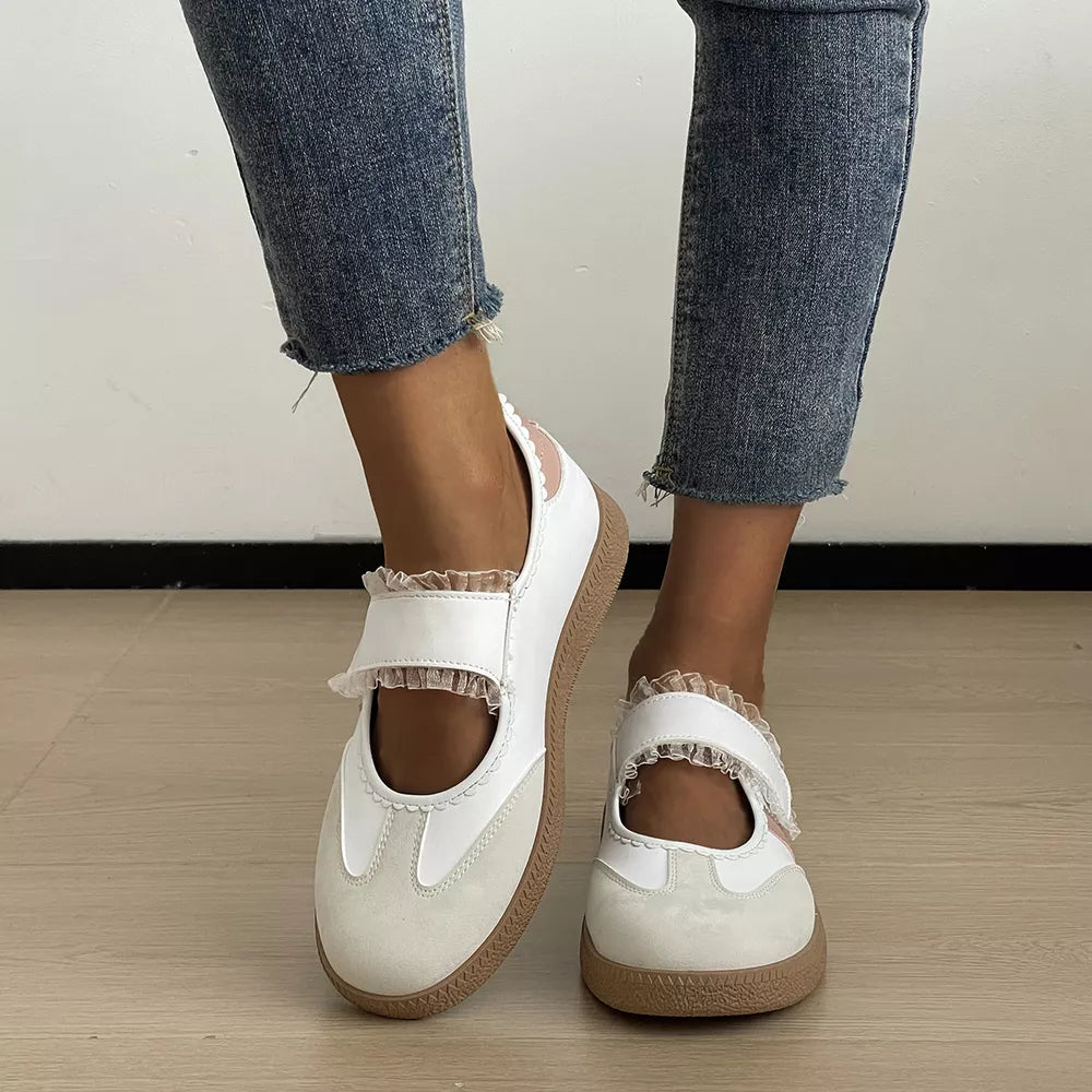 Round Toe Slip-ons in White, close-up detail