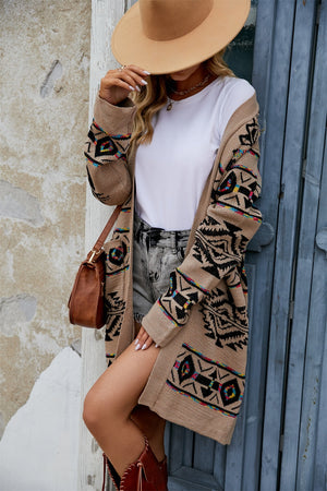 Khaki Southwestern geometric knit cardigan with black and colorful diamond pattern.