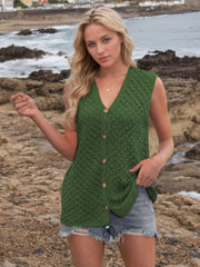 Dark green openwork button-down knit vest with V-neck and wooden buttons.