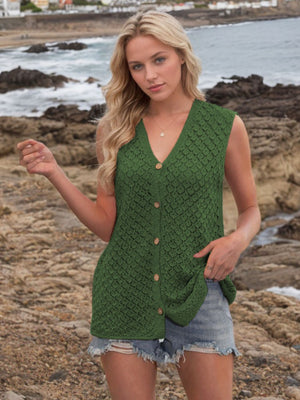Dark green openwork button-down knit vest with V-neck and wooden buttons.