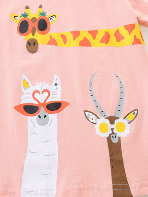 Toddler graphic tee in pink cotton with a crew neck featuring a giraffe, llama, and gazelle wearing sunglasses.