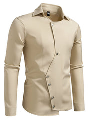 Men's khaki long sleeve shirt with asymmetrical button detail and classic collar.