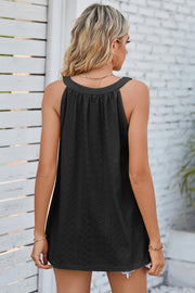 Black eyelet halter tank top with gathered neckline detail