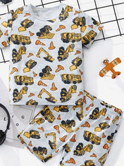 Toddler construction vehicle tee and shorts set with all-over print and crew neck.