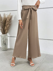 Camel pleated palazzo trousers with tie waist and wide leg