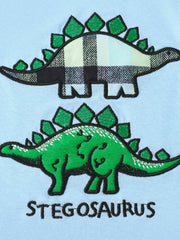 Light blue cotton tee with embroidered dinosaur graphics, one with plaid detail.