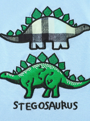Light blue cotton tee with embroidered dinosaur graphics, one with plaid detail.