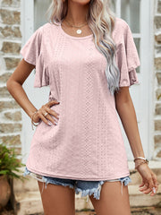 Blush pink eyelet blouse with flutter sleeves and a round neckline.