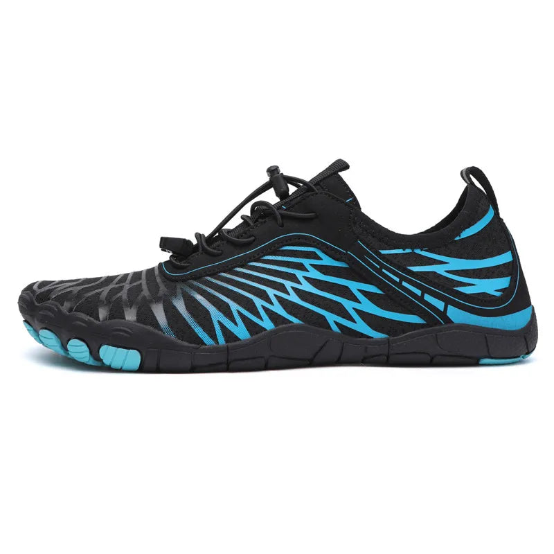 Black adaptive mesh trail runners with blue abstract pattern and quick lace closure.