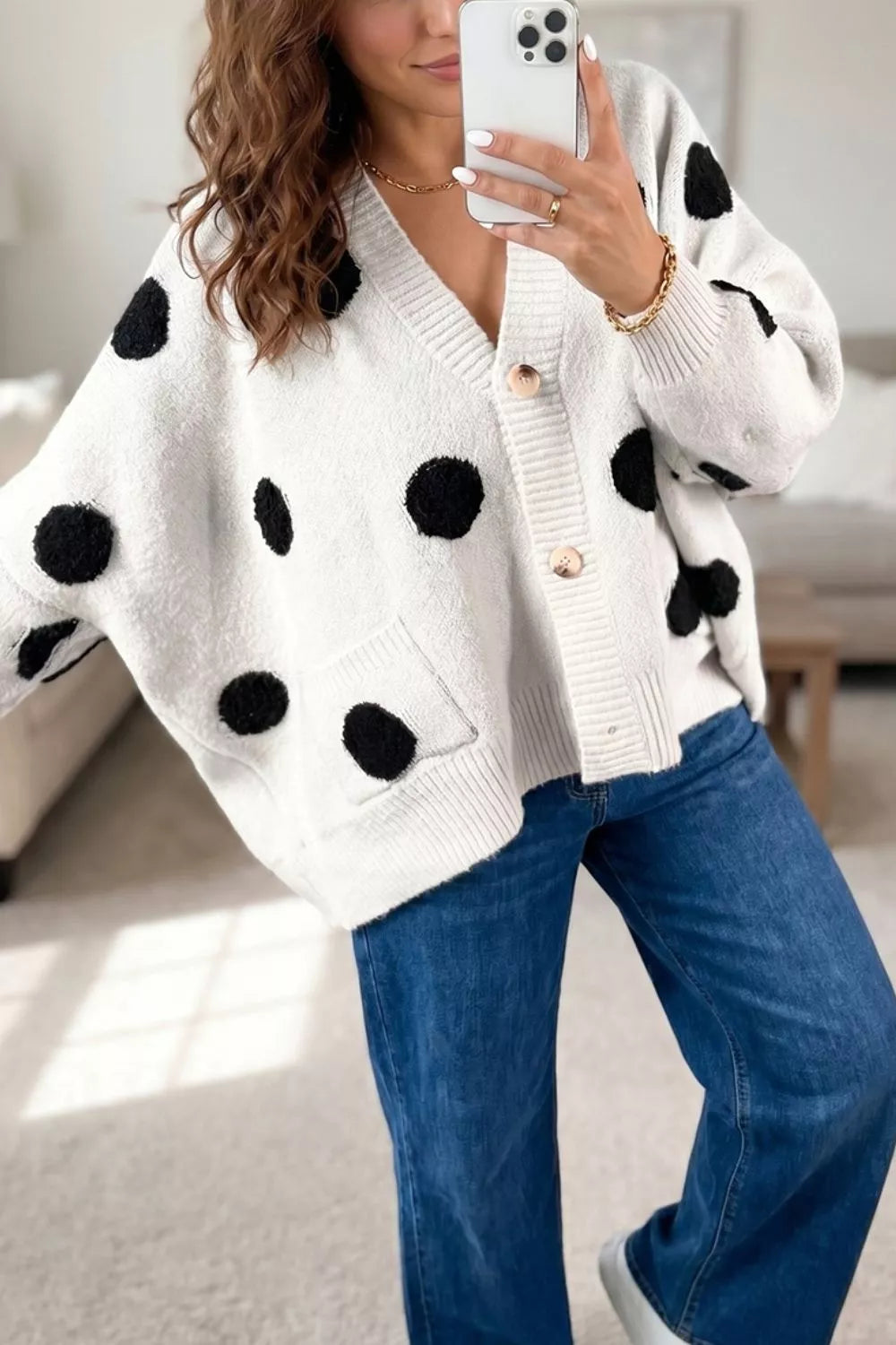 Polka Dot Button Up Cardigan in White, product detail