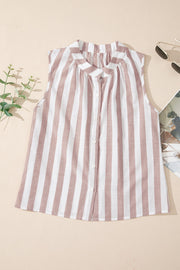 Sleeveless stripe blouse with gathered collar and button front.