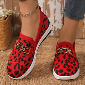 Red leopard print mesh slip-on shoes with gold buckle detail.