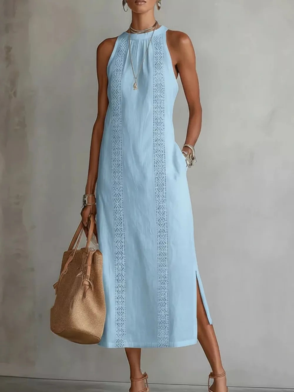 Sleeveless Lace Trim Midi Dress Plus Size, back view