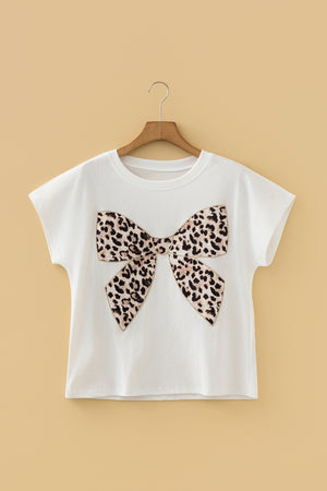 White cotton crew neck t-shirt with a leopard print bow graphic.