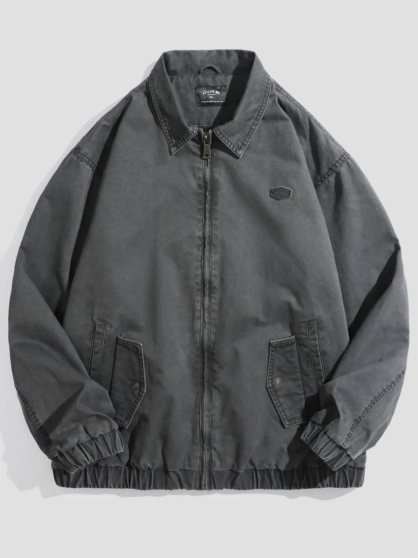 Men's plus-size dark gray casual zip jacket with collar and two front pockets.