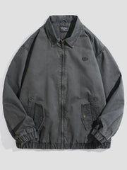 Men's plus-size dark gray casual zip jacket with collar and two front pockets.