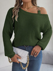 Army green one-shoulder knit sweater with buckle detail and waffle texture.