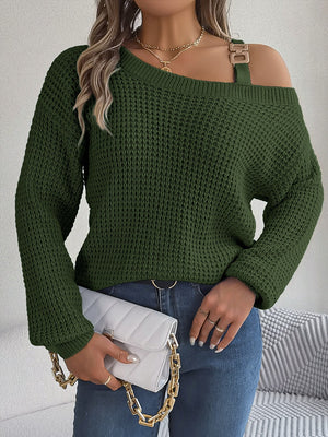 Army green one-shoulder knit sweater with buckle detail and waffle texture.