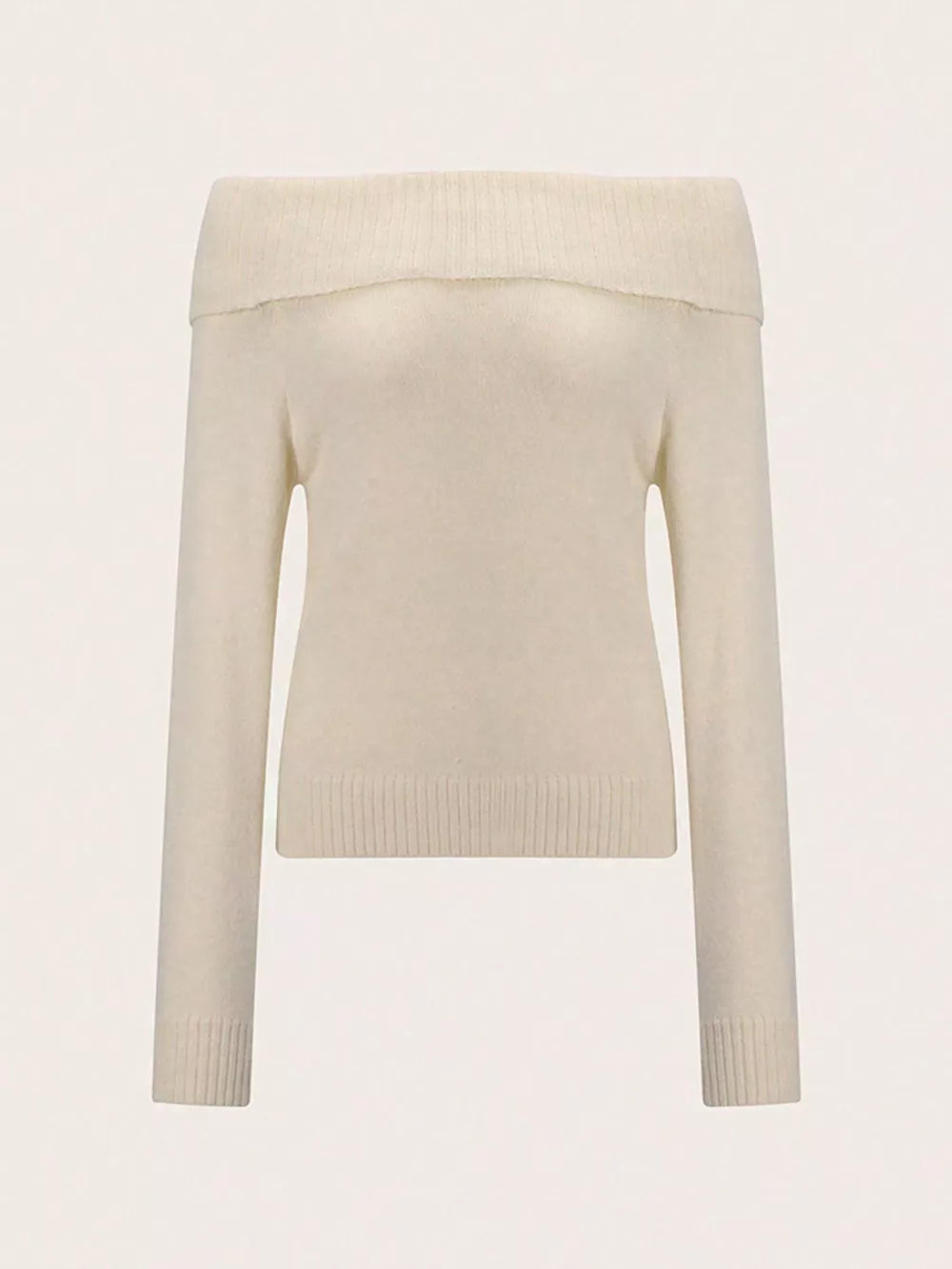Ribbed Knit Off Shoulder Sweater in Beige, close-up detail