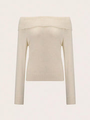 Ribbed Knit Off Shoulder Sweater in Beige, close-up detail