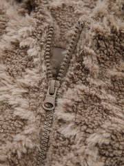 Textured sherpa fleece hooded jacket in taupe with a full zip closure.