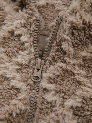 Textured sherpa fleece hooded jacket in taupe with a full zip closure.