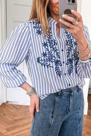 Stripe Embroidered Button Front Long Sleeve Shirt, close-up detail