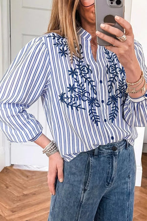 Stripe Embroidered Button Front Long Sleeve Shirt, close-up detail