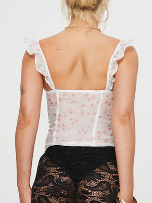 White floral print corset cami with ruffled straps and boning detail