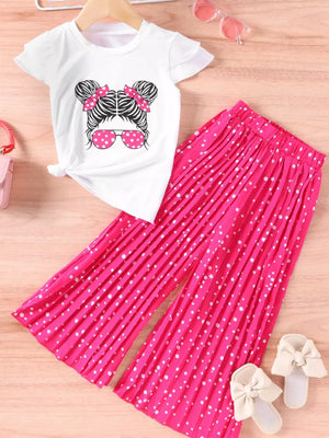 White graphic tee with cartoon girl and pink polka dot pants set.