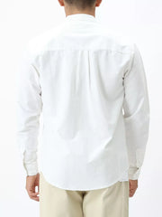 White cotton casual long sleeve button-down shirt with back pleats and button cuffs.