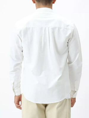 White cotton casual long sleeve button-down shirt with back pleats and button cuffs.