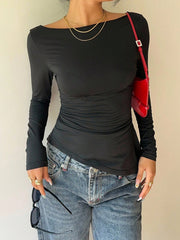 Black long sleeve tee with boat neck and ruched side detail
