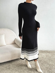 Black ribbed knit midi dress with contrast striped hem