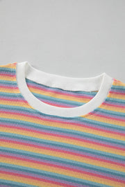 Ribbed cotton lounge set top with rainbow stripes and white crew neck.